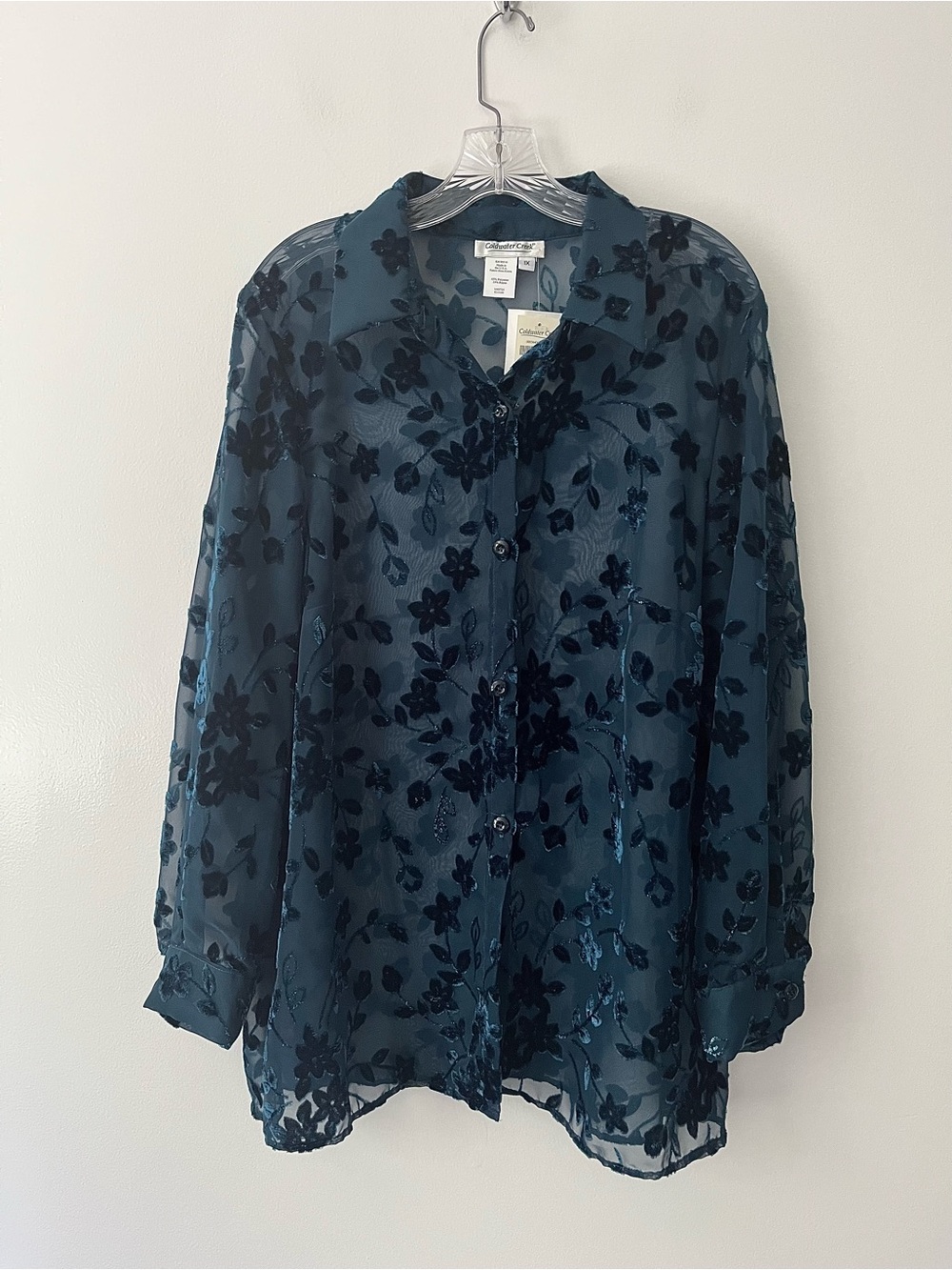 NEW Coldwater Creek Sheer Velvet Floral Button Up Shirt Whimsigoth 1X Teal